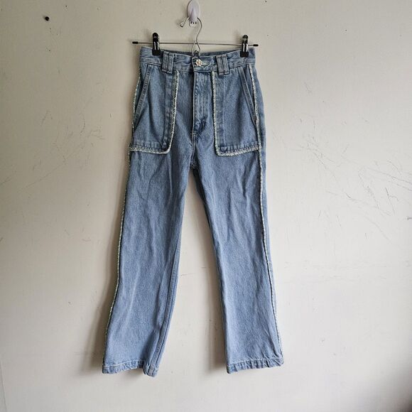 Zara High Rise Tweed Trim Jewel Button Crop Wide Leg Jeans – Size 0 - Picture 2 of 8